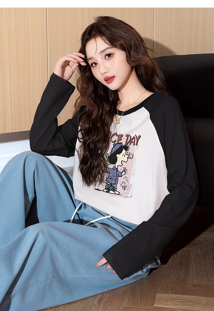 TonLion Autumn And Winter Long-Sleeve T-Shirt for Women, Wearable As Outerwear, Knitted Front Chest Cartoon Photo Raglan Long-Sleeve T-Shirt, Women's Clothing with A High-End Feel 10