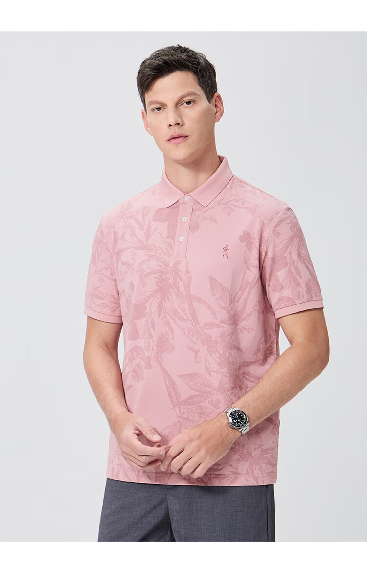 DANCING WOLVES [Containing Mulberry Silk] Casual Commute Dark Pattern Printed Breathable Men's Short-Sleeve POLO 406 Pink 165 10