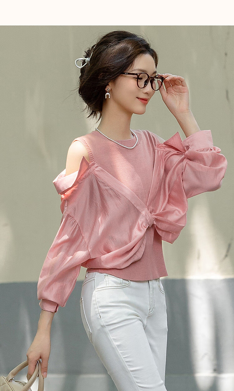 Dme [Sweet Cool C Position] Spring French Off-Shoulder Round Neck Design-Inspired Patchwork Sweater, Elegant Twisted Knit Top for Wome 18