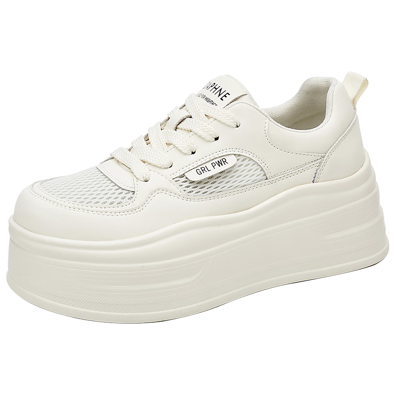 DAPHNE Thick-Soled Women's Sneakers, Breathable Mesh Upper, Height-Increasing Soft Sole, Comfortable Sports Panda Shoes, White Casual Shoes, Beige, Size 34