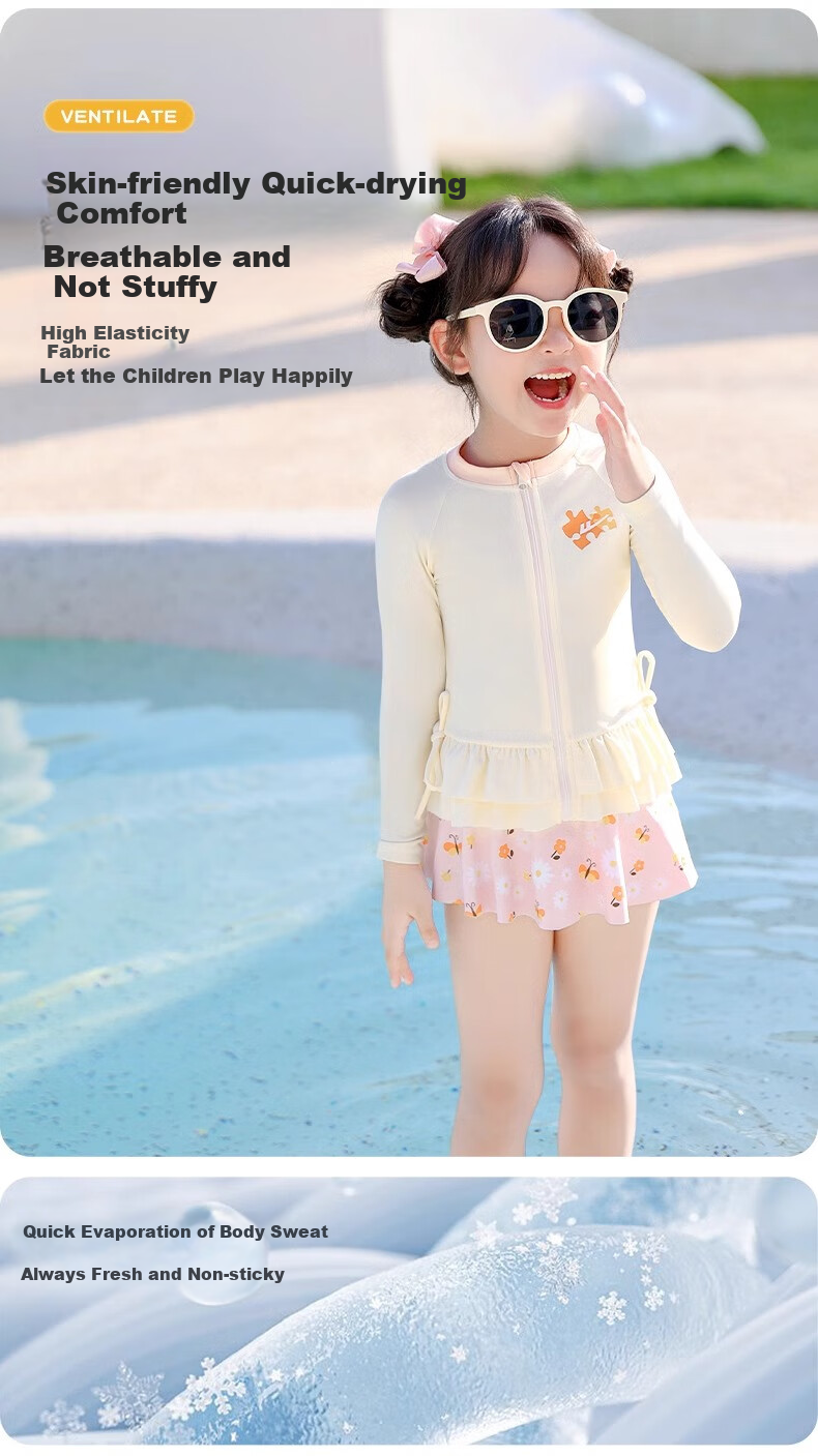 Huili Children's Swimsuit, Girls' Two-Piece Set, for Small to Large Kids, Baby Hot Spring Play Swimming Three-Piece Set, 35150 Off-White 2XL 3