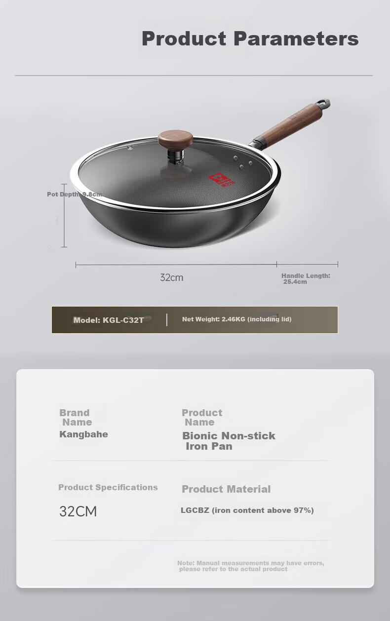KOBACH Non-Stick Wok, Bionic Iron Pan without Coating, Household Flat-Bottom Frying Pan, Universal 0-Coated No-Scorching 32cm 13