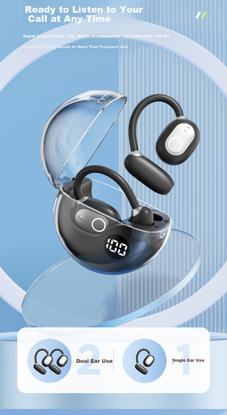 CLAISON [2025 New Model | Berlin Voice] Bluetooth Headphones, Ear-Hook Style, LED Display, Bone Conduction Concept, Wireless, Non-In, Open-Ear Design, Long-Lasting Battery Life, M80-White 9