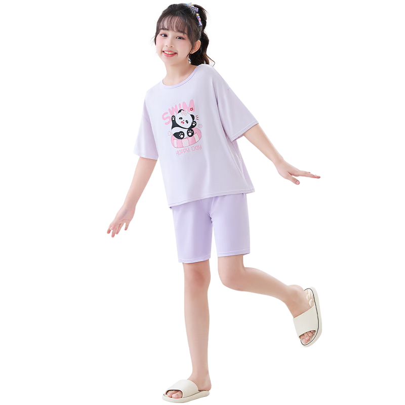 LangSha Children's Loungewear, Girls' Summer Thin Comfortable Short-Sleeve Set, for Middle And High School Students, Air Conditioning Wear Pajamas, Purple, Size 120