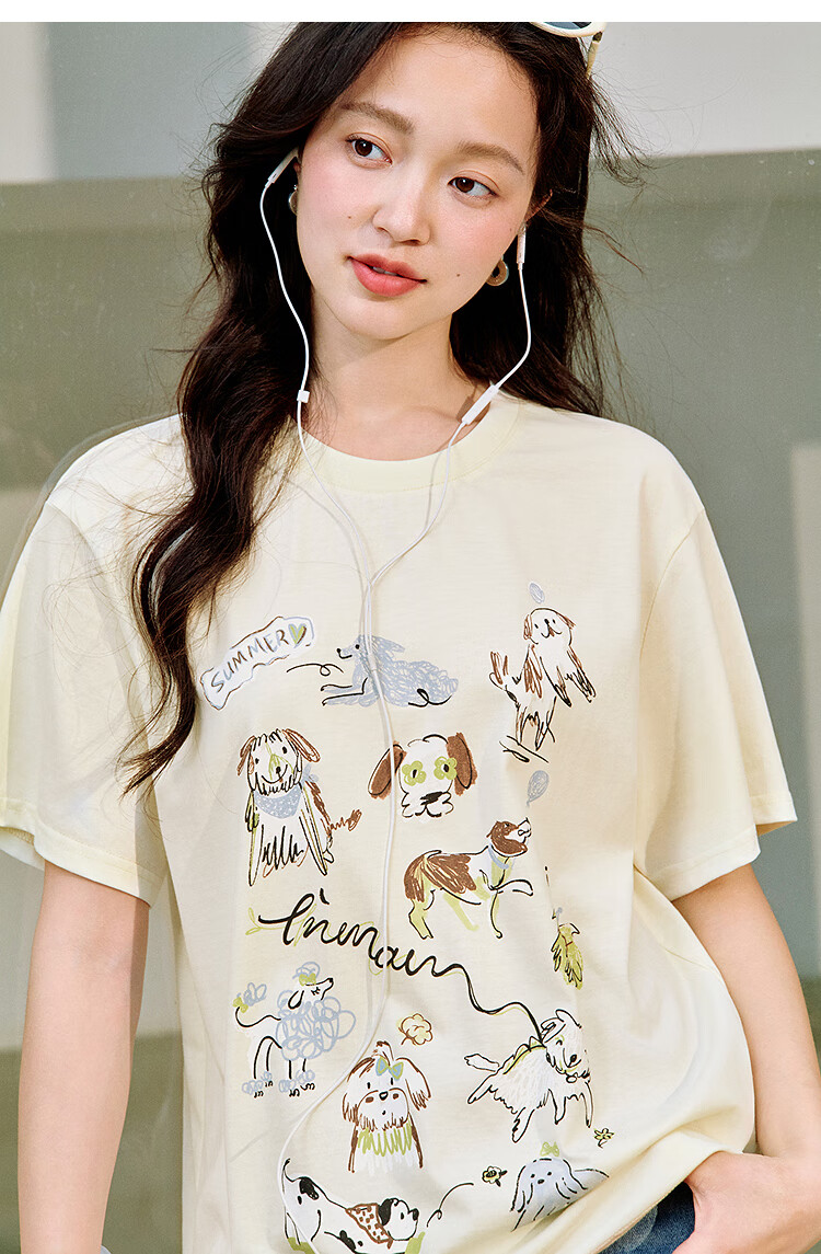 INMAN [Same As in Show] Cotton Cat Print Round Neck Short Sleeve T-Shirt for Women, Summer 2026 Top, Off-White, Size S 7
