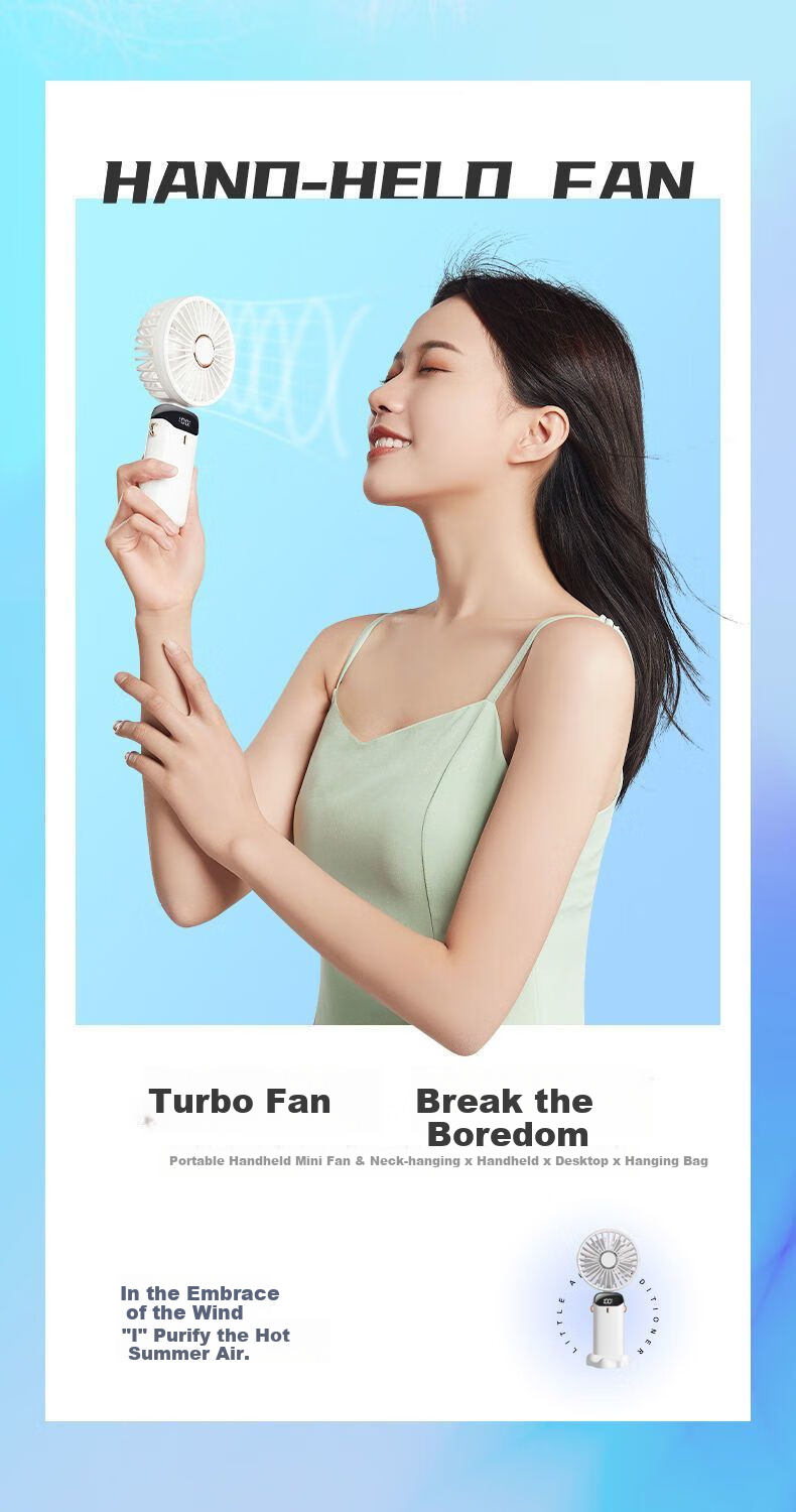 HBOALG Handheld Mini Fan with Foldable Stand, USB Fan with Digital Display, Long Standby Time, Portable Electric Fan for Student Dormitory And Office, Rechargeable, White 4