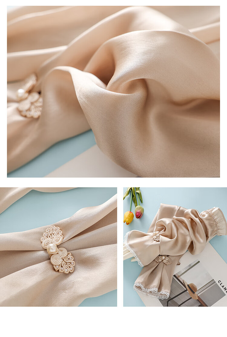 Shanghai Story Women's 100% Mulberry Silk Sun Protection Sleeves Spring Summer Chinese Style Lace Ice Sleeves UV Protection Champagne Gold 9