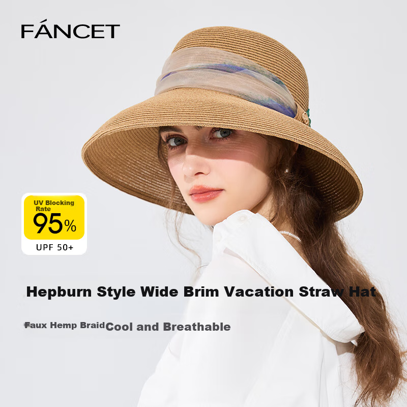 FANCET Straw Hat for Women, Elegant Summer Oregano Tulle Hat with Wide Brim, Vacation UV Protection Sun Hat, Birthday Gift for Elders