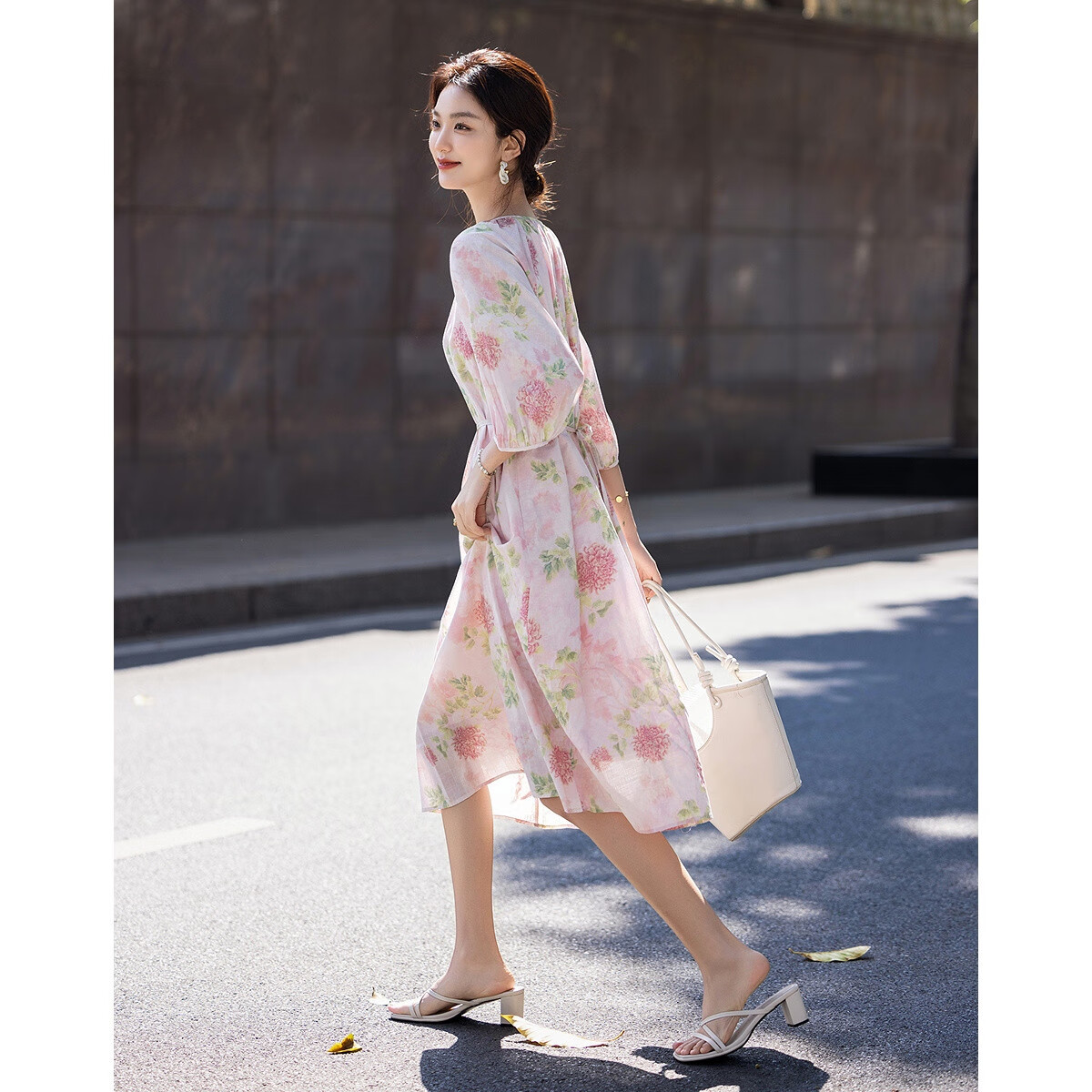 Dme [100% Cotton Bamboo Print] Summer French Romantic Floral Print Five-Quarter Sleeve A-Line Waist-Cinching Mid-Length Women's Dress