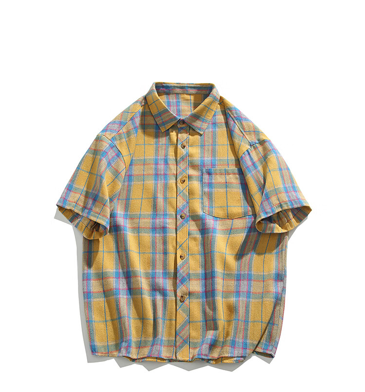 CLOR American Retro Lapel Plaid Shirt for Men, Spring And Summer Style, Loose Casual Trendy Short Sleeve CLCX05 Green 4XL 6
