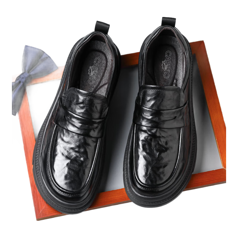 CARTELO Men's Slip-On Casual Leather Shoes with Thick Soles And Hand-Scratched Texture, Wrinkle-Resistant Design, Men's Loafers, Style 9867, Black, Size 40