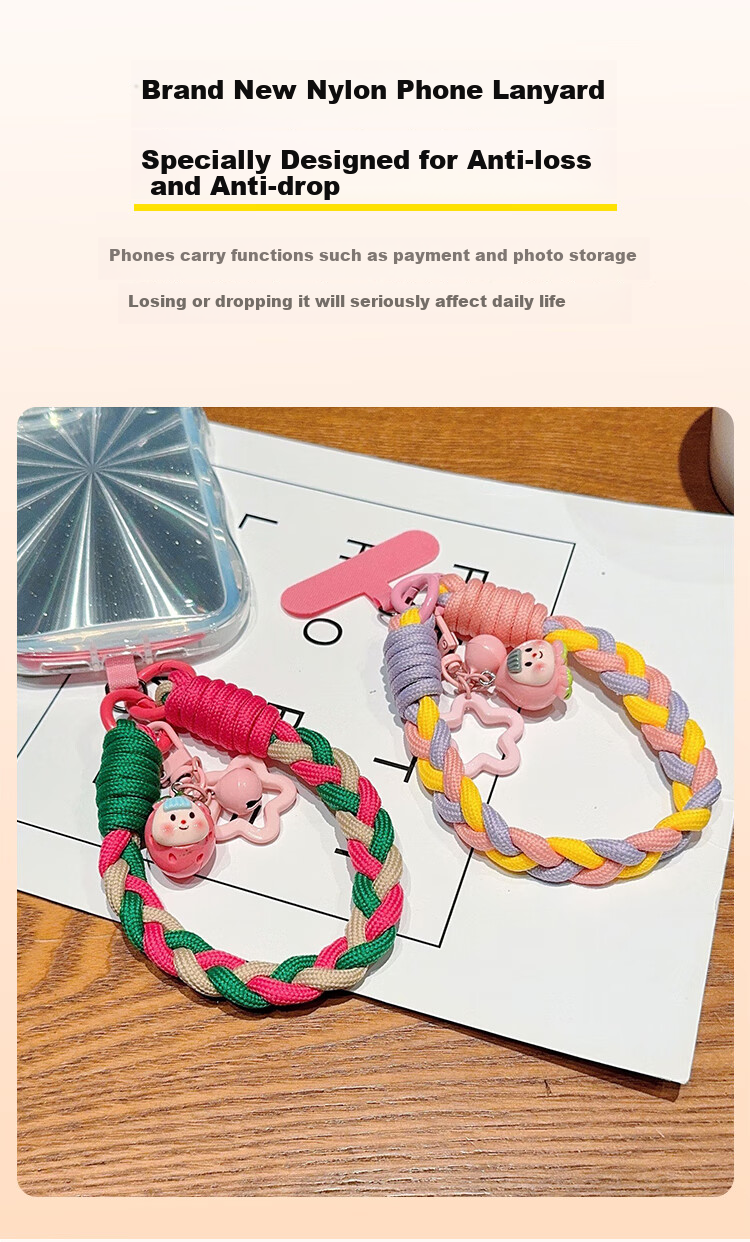 BZBC Phone Strap, Wrist Short Phone Chain, Phone Case Anti-Loss Cord, Thickened Nylon Handmade Three-Strand Braided Thickened Phone Cord Anti-Loss Chain [Pink Yellow Purple] 3