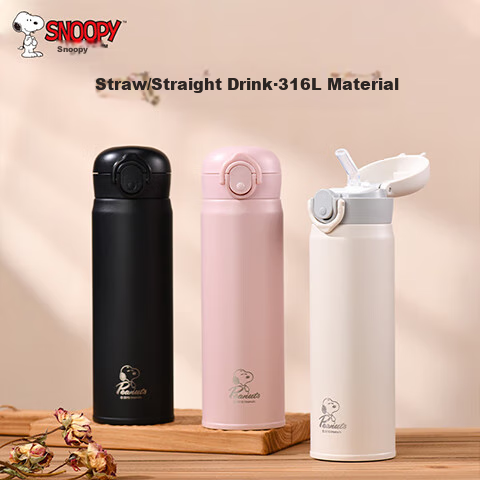 Термокружка SNOOPY Insulated Cup, 500 мл, розовая, с трубочкой, из нержавеющей стали 316L, для детей и студентов, автомобильная, герметичная