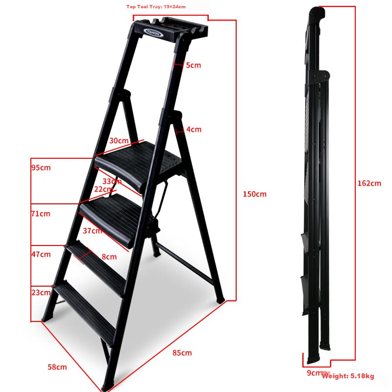 Werner Household Aluminum Alloy Ladder, Four-Step Folding Ladder, Wide Treads, Multi-Functional Ladder HB4-3CN