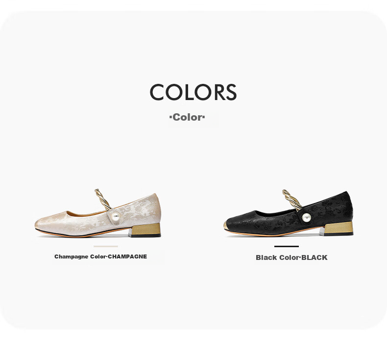 Goldlion Women's Shoes, New Chinese-Style National Fashion Flats, Chunky Heel, Color-Block Mary Jane Shoes, G686430283, Champagne Color, Size 37 9