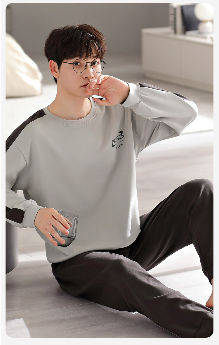 LangSha [100% Cotton] Men's Pajamas, Spring And Summer Simple Loose Comfortable Round Neck Pullover Loungewear Set, Suitable for Outdoor Wear 12