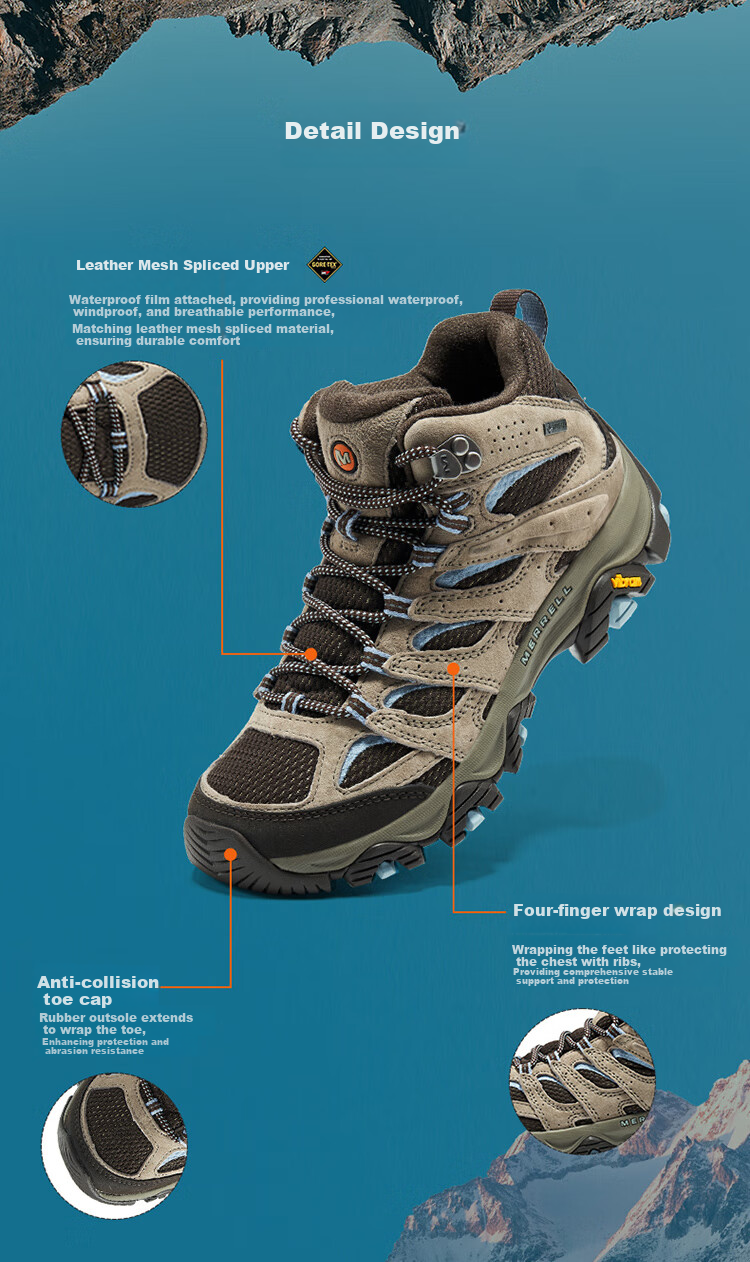 Merrell Women's MOAB 3 GTX Waterproof Mid Hiking Shoes Breathable Durable Non-slip Outdoor Classic 7