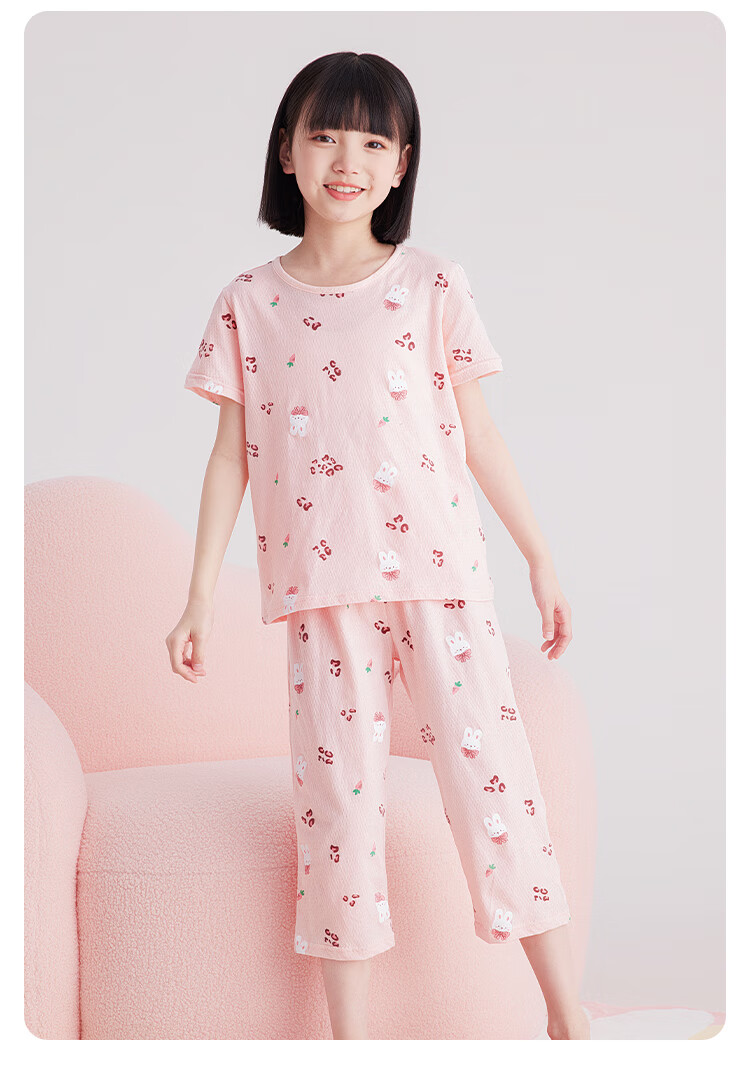 DEESHA Girls' Pajamas, Spring And Summer Thin Mesh Breathable Antibacterial Pure Cotton Air Conditioning Wear, for Older Children's Home Wear Set 13