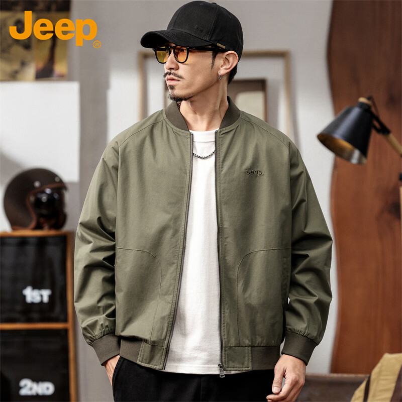 JEEP Men's Jacket, Loose-Fitting Workwear Administrative Outer Coat, Baseball Uniform, Casual Flight-Style Menswear, Army Green, XL