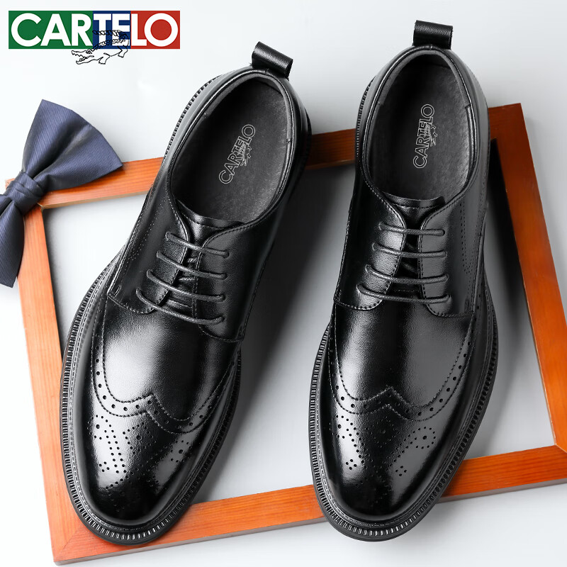 CARTELO British Brogue Leather Shoes for Men, Breathable Business Casual Low-Top Leather Shoes K056 Black Size 43