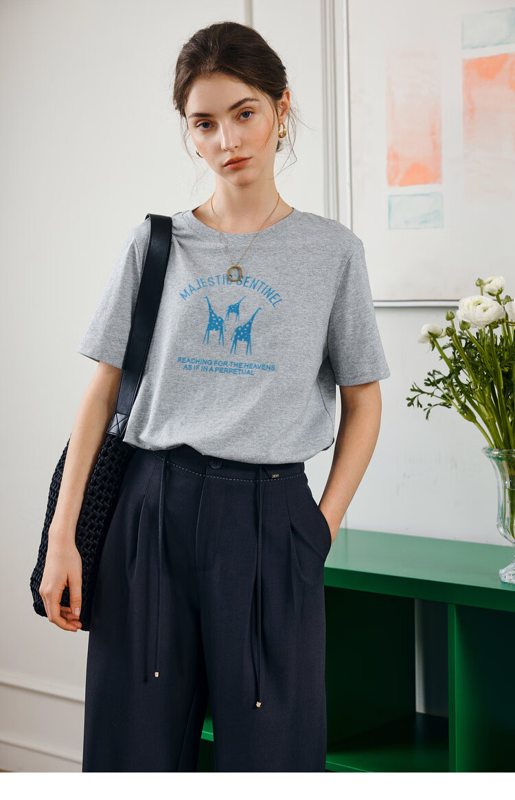 Oulain Summer Flocked Fun Printed Gray Round Neck Loose Casual Short-Sleeve T-Shirt Women's Top, Floral Gray, M 14