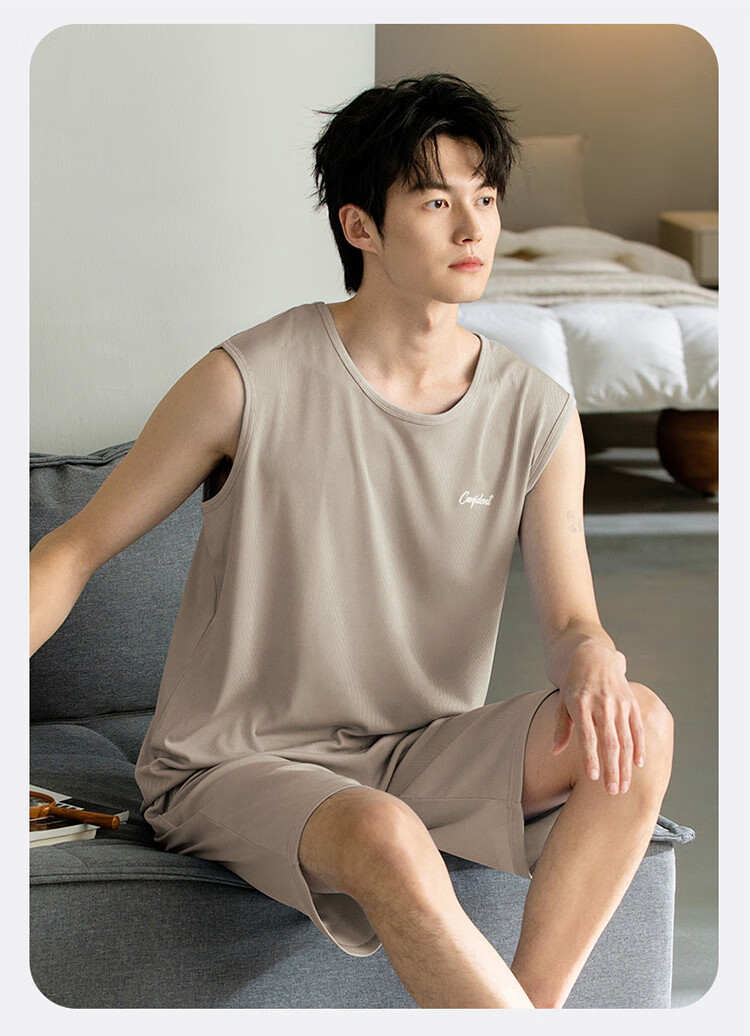 XUEXIMAN Men's Summer Pajamas, Ice Silk Cool-Feeling Sleeveless Tank Top Vest, Casual Loose Loungewear Set 9