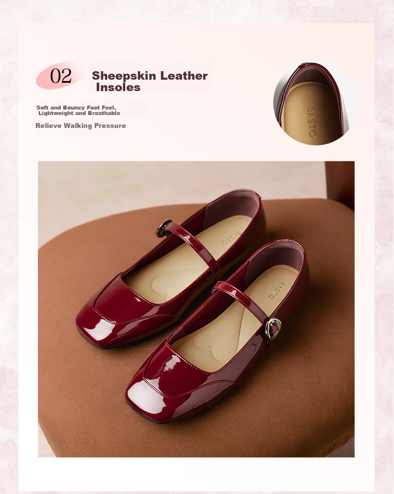 BASTO [Qiao Xin Same Style] Monet Garden 26 Autumn Beautiful Red Mary Jane Shoes, Women's Flats, Wedding Shoes 15