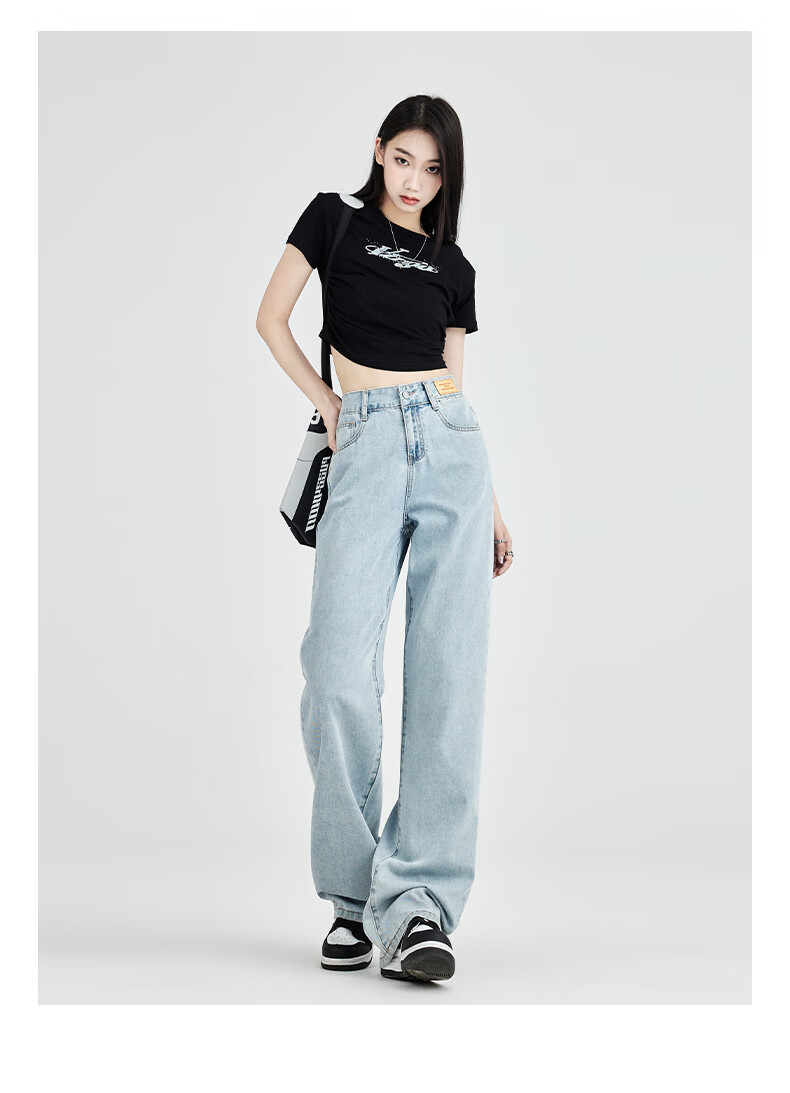 Jeanswest Women's Summer Loose Wide-Leg High-Waist Slimming Petite Straight-Leg Floor-Length Light Blue Jeans M 7