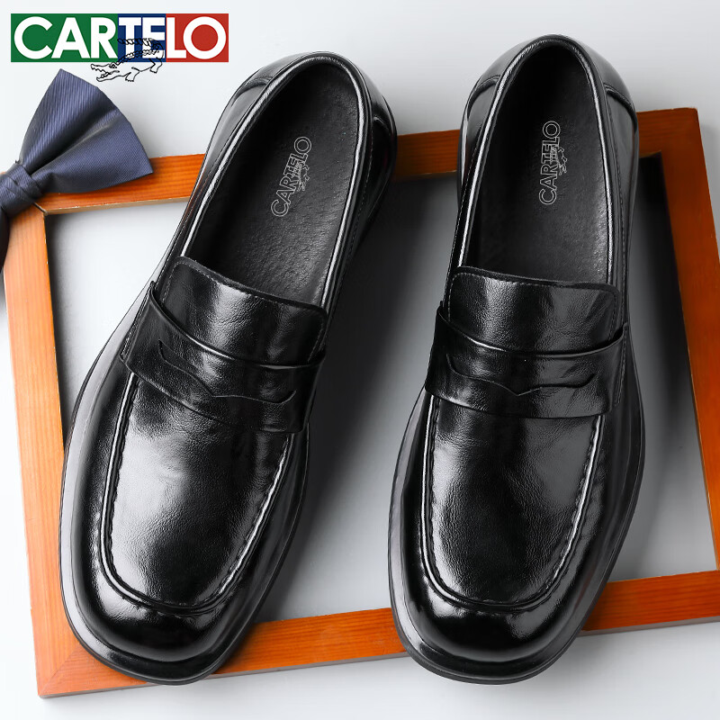 CARTELO Top-Grain Leather Men's Shoes, 2025 New Style Breathable Business Casual Leather Shoes, Men's Slip-On Loafers, K047 Black, Size 39