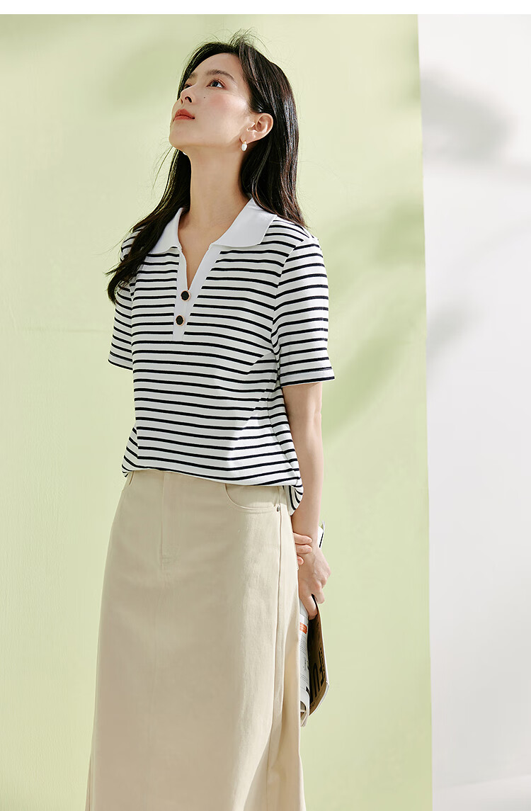 Inman Casual Striped Shoulder T-Shirt Summer Women's Design Polo Collar Slim Fit Short Sleeve Star Black XL 15
