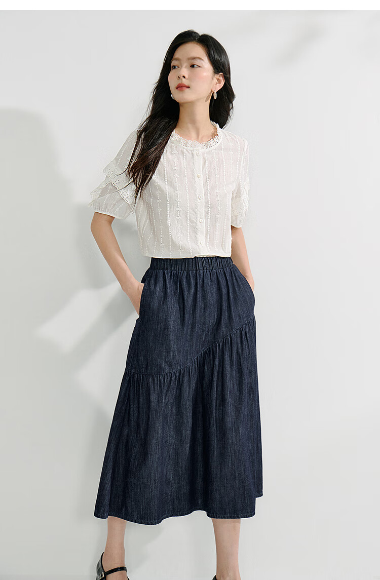Inman Lotus Leaf Collar Hollow Embroidered Pure Cotton Shirt 2025 Summer Women's Vacation Style Puff Sleeve Blouse Pearl White M 14