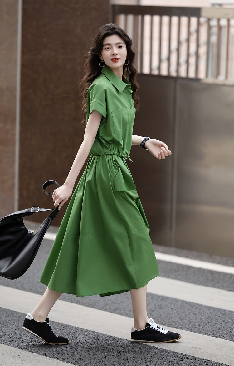 Demana 100% Cotton Poplin Set Summer Lapel Large Pocket Pigskin Button Top A-Line Skirt Two-Piece Set 5