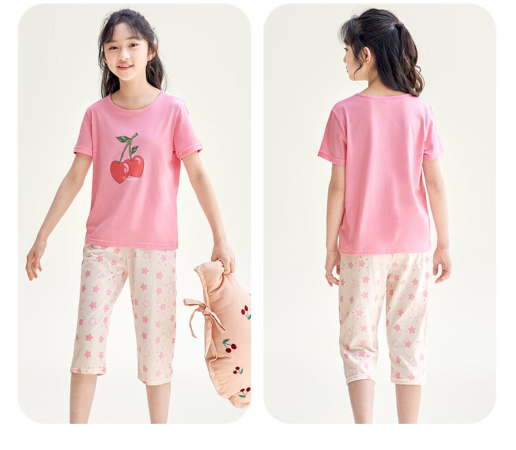 Hodohome Children's Pajamas, Girls' Pure Cotton 7A Antibacterial Short-Sleeve Capri Pants, Home Wear, Cartoon Air Conditioning Suit for Girls, 306, Size 120 9