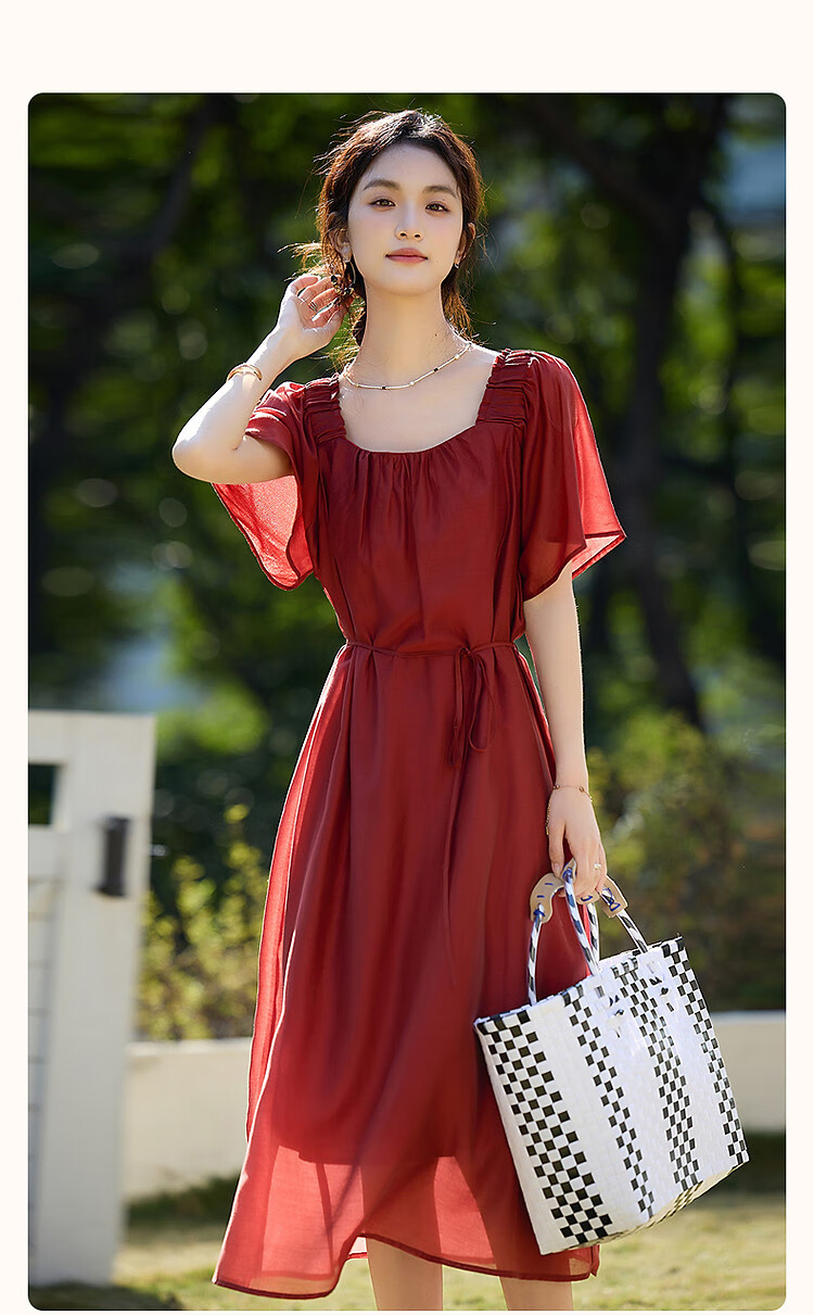 Demana Vintage Small Rose Summer Lightweight Glossy Lyocell Square Neck Ruffle Sleeve Belted A-Line Women's Dress 1
