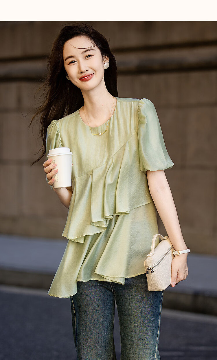 Dme [Luorimian] Summer Breathable Lyocell Tencel Shirt with Asymmetric Ruffle Collar And Puff Sleeves Top 15
