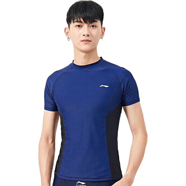 LI-NING Men's Swimwear Top Surfing Shirt Comfortable Quick-Dry Diving Professional Training Swimming Gear 437-2 Black Blue L