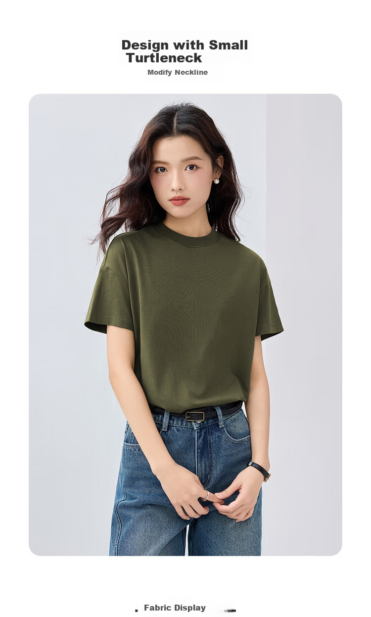Giordano Women's T-Shirt, Pure Cotton, Skin-Friendly, Elegant Blouse, Comfortable Loose-Fitting Turtleneck Top, Short Sleeve, 05322396 4