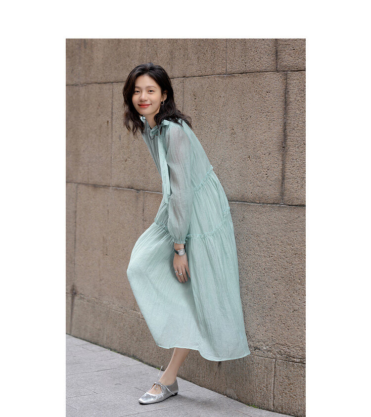 Dme [Boleng Zhilian] Spring French-Style Split Ruffle Trim Round Neck A-Line Concealing Mid-Length Women's Dress 4