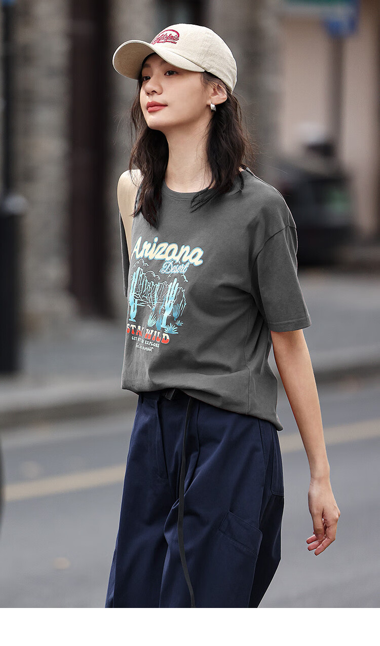 Dme [Vintage Floral Print T-Shirt], Summer Style, Grayish Blue Round Neck Decorative Short-Sleeve T-Shirt for Wome 16