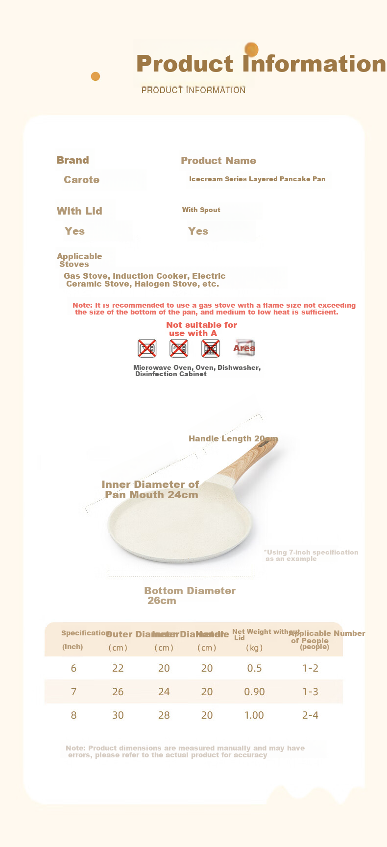 CaROTE Non-Stick Flat-Bottom Pancake Griddle for Home Use, Crepe Maker, Cake Pan, Banh Mi Maker, Egg Frying Pan for Breakfast, 24cm 9
