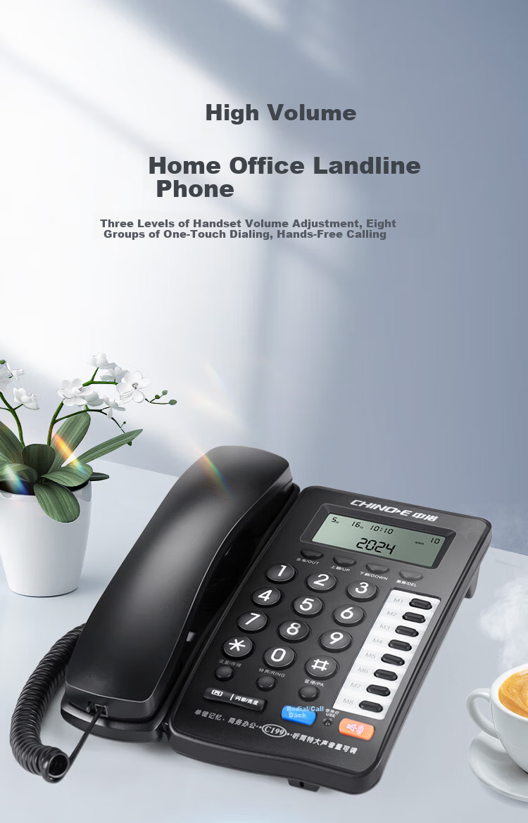 CHINO-E Landline Telephone with Fixed Wired Connection, Dual Interface for Office And Home Use, Battery-Free, 8 Quick Dial Numbers, Volume Adjustment, Hands-Free Calling, Hotel Customer Service, C199 Black 1