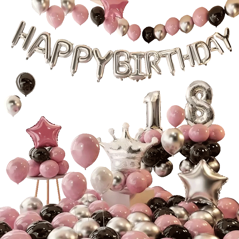 Domeyi Birthday Scene Setup Party Decoration Balloons for Adults and Children Boys Happy Birthday Background Wall Silver Black Pink