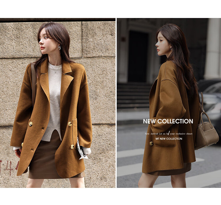 MT Korean Style Autumn Street Minimalist Classic Large Lapel Pocket Double-Faced Wool Coat Light Camel M 4