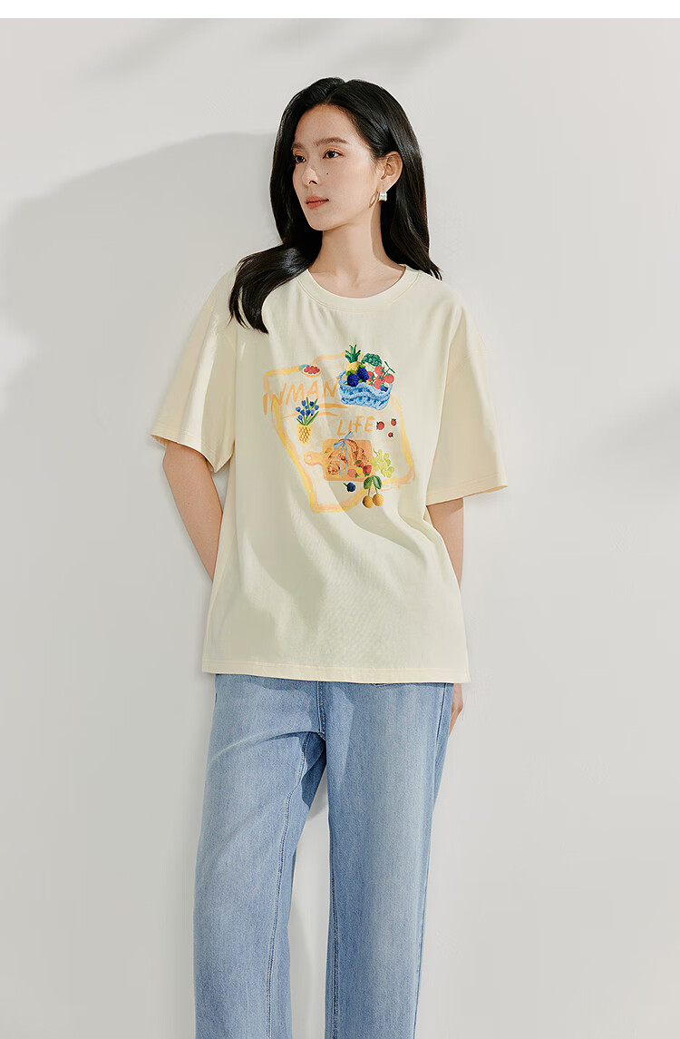 INMAN Casual Printed Pure Cotton T-Shirt, Women's Versatile Loose Short-Sleeve Top for Summer 2026, Light Apricot Color, Size M 6