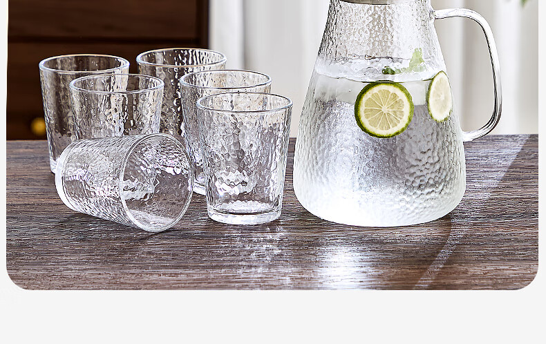 QINGPINGGUO High Borosilicate Glass Cold Water Pitcher Set: Hammered Heat-Resistant Glass Cold Water Pitcher*1 + Hammered Glass Water Cups*6 4