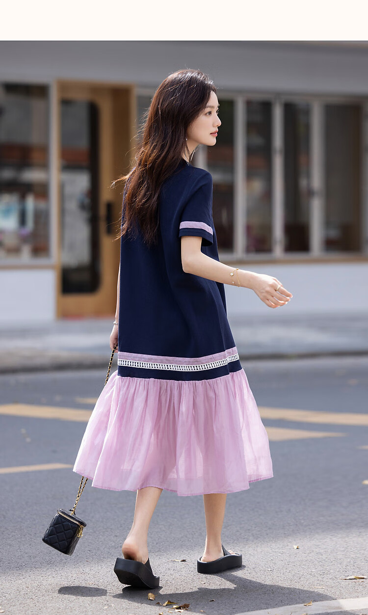 Demana [215G Pique Mesh] Summer Relaxed Fit Commuter Crew Neck Short Sleeve Color-Block Trim Women's Dress 11
