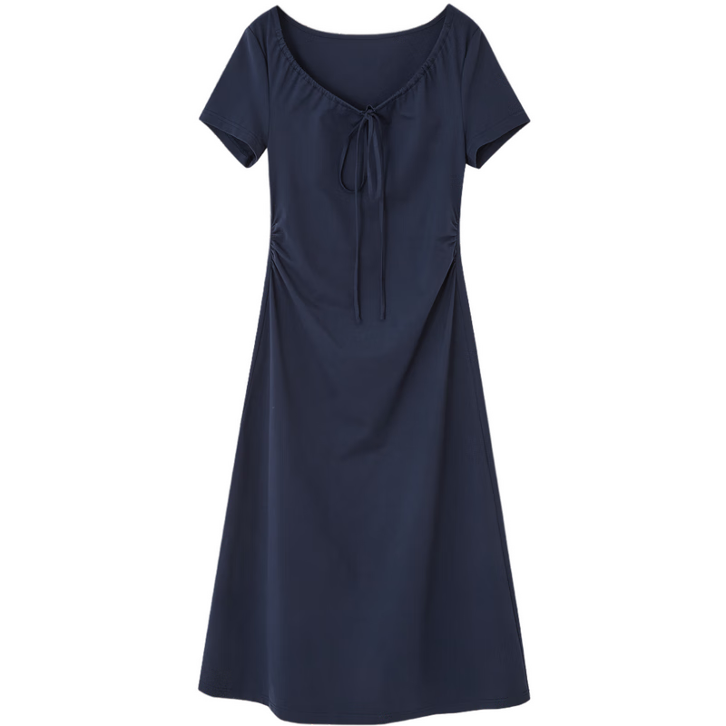 MT American College Summer Simple Large U-Neck Tie Elastic Cotton Spandex Short Sleeve A-Line Mid-Length Women's Dress