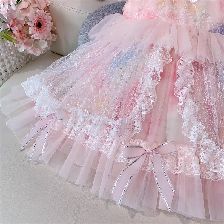 Anneyol Girls' Princess Dress Summer Outfit Stylish Children's Lolita Tulle Dress with Puff Sleeves, Pink, Size 160 8