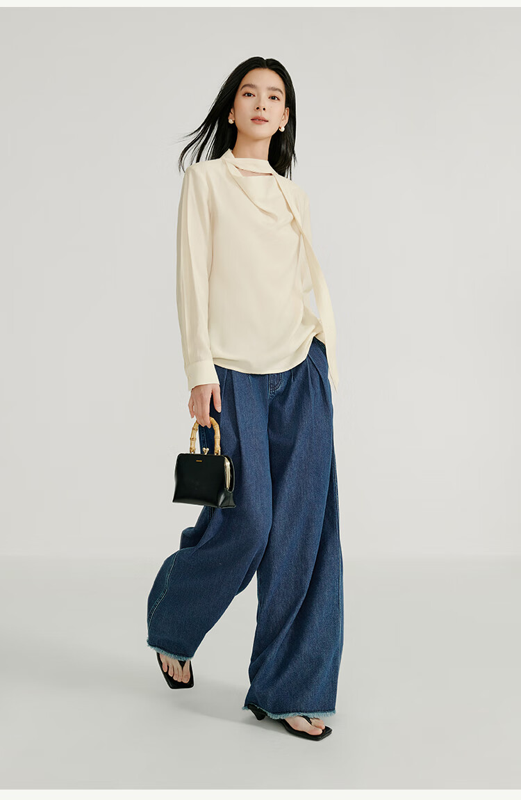 INMAN [Showroom Style] Linen Washed Frayed Wide-Leg Pants, Summer High-Waist Straight-Leg Trousers, Dark Denim Blue, Size 27 15