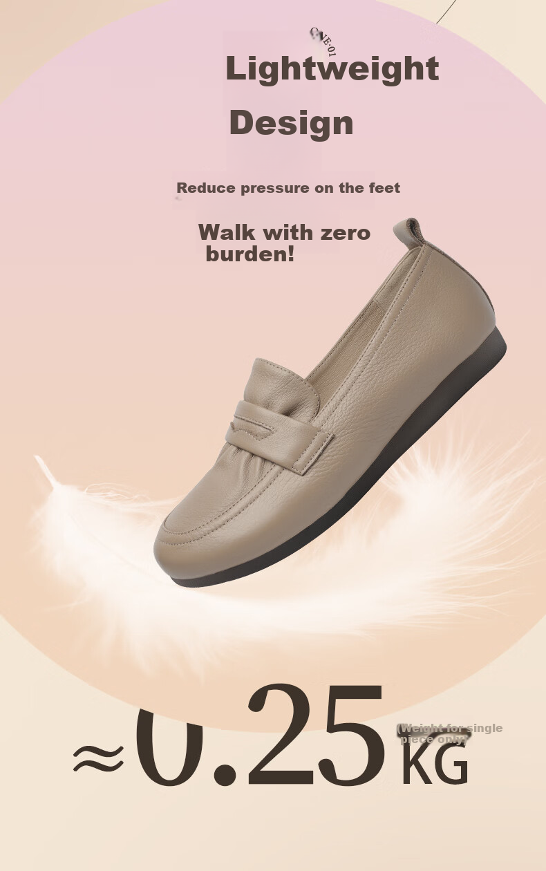 Goldlion Women's Shoes, Soft Leather And Sole, Mom Flats, Deep-Mouth Slip-On Loafers, G638310038, Apricot Color, Size 37 3